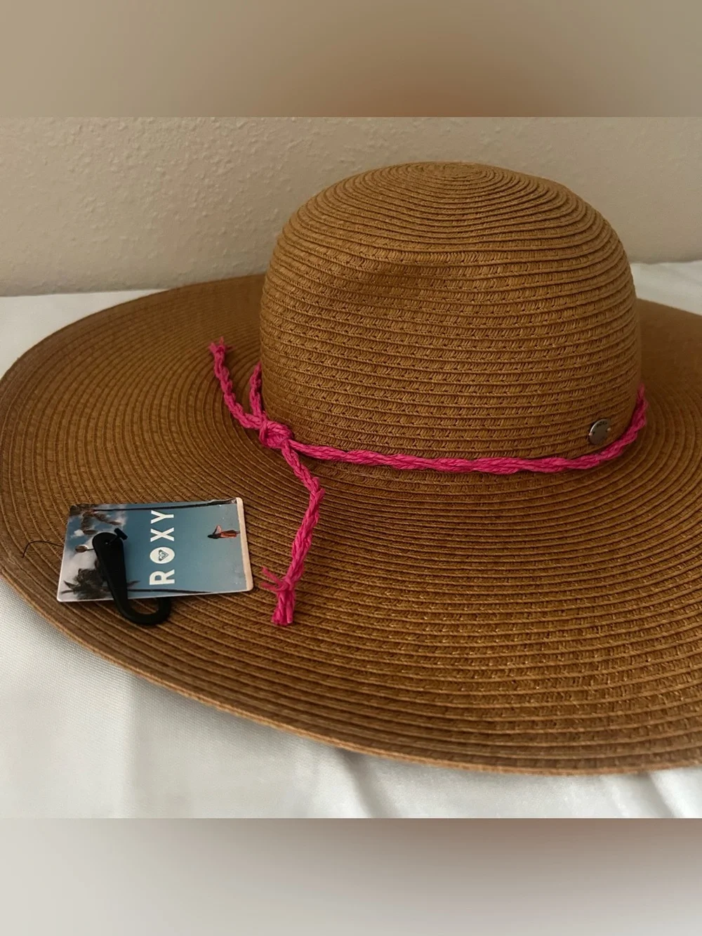 Roxy Brown Wide-Brim Sun Hat with Pink Braided Trim